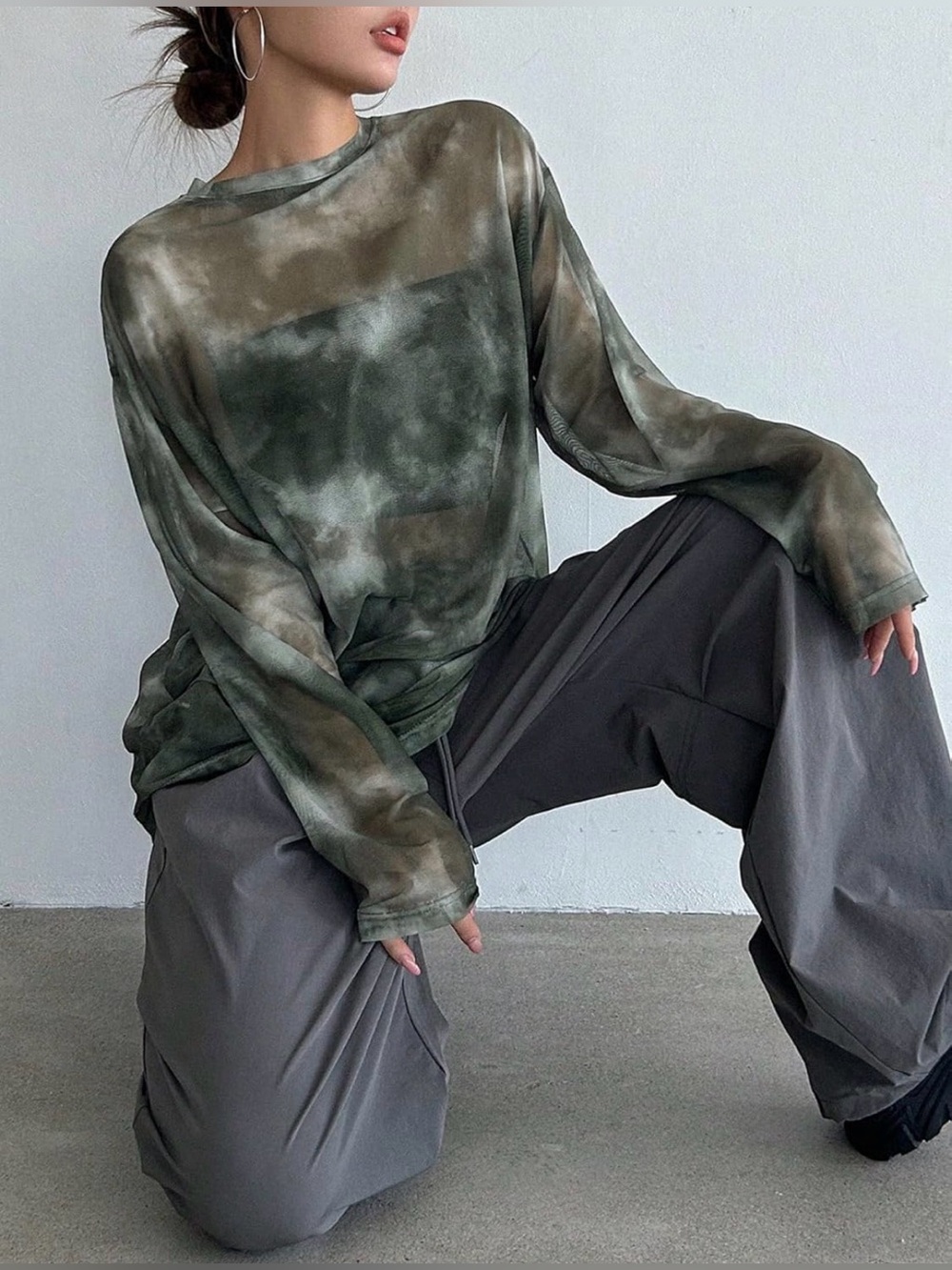 Sheer Oversized Olive Tie-Dye Long Sleeve Shirt